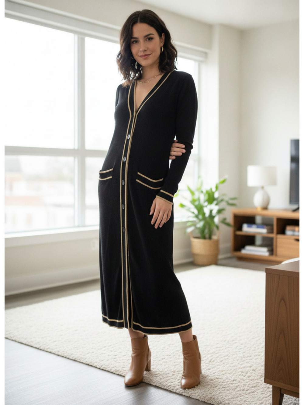 Lauren Ralph Lauren Black Long Cardigan with Beige Trim XS